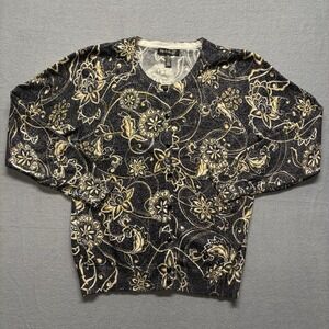 Top Knits Cardigan Women's XL Black Gold Floral Metallic 3/4 Sleeve Top